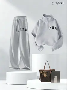 Teenagers' Fashionable European Style 2-Piece Set, Zipper Hoodie & Stand Collar Casual Sweatshirt, Stylish Straight Leg Pants, Casual Outfit Set