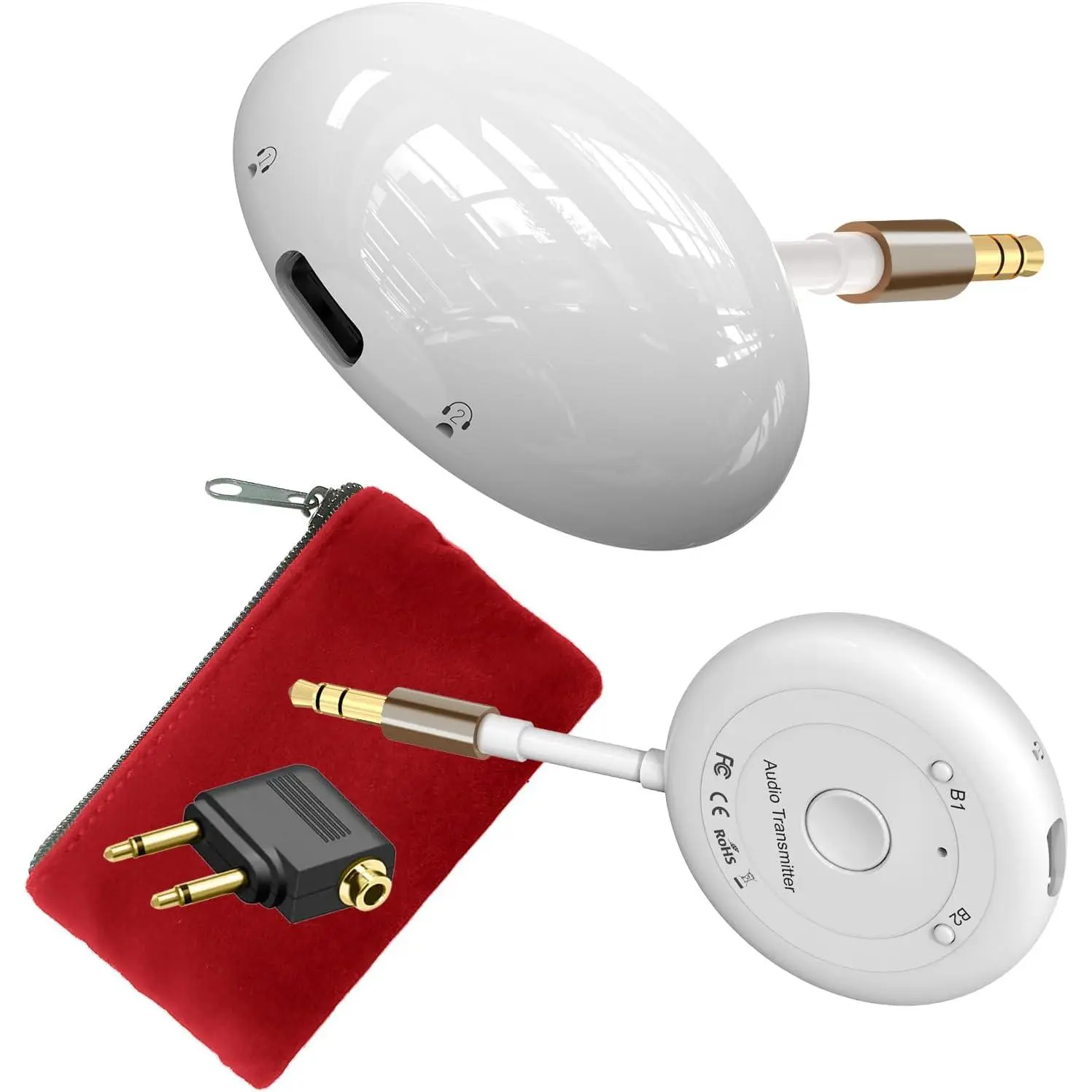 Portable Bluetooth 5.3 Airplane Transmitter Adapter - 3.5mm Dual Link Adapter with Low Latency, Travel Pouch Companion - Works with AirPods, Earbuds, Headphones, 3.5mm Dual Aux Compatibility - Audio Accessory for Flights, Workouts