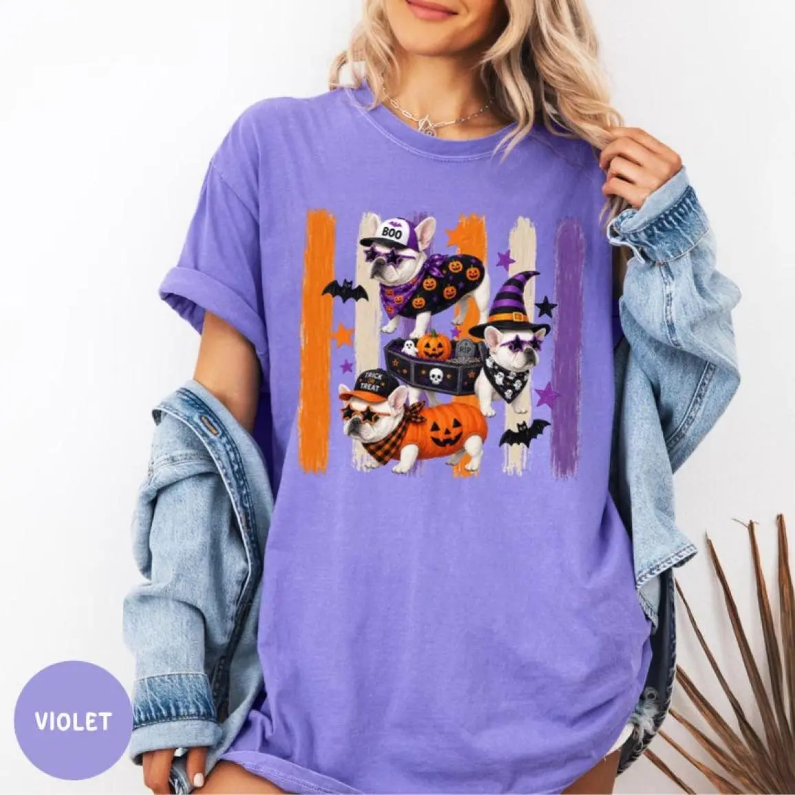 Comfort Colors Halloween French Bulldog Shirt Frenchie Pumpkin Costume Tee Cute Spooky Season Dog Shirt Funny French Bulldog Lover Gift Fall Halloween Graphic Tee, Classic Cuts, Always On Point, Relaxed Fit, Easygoing Feel