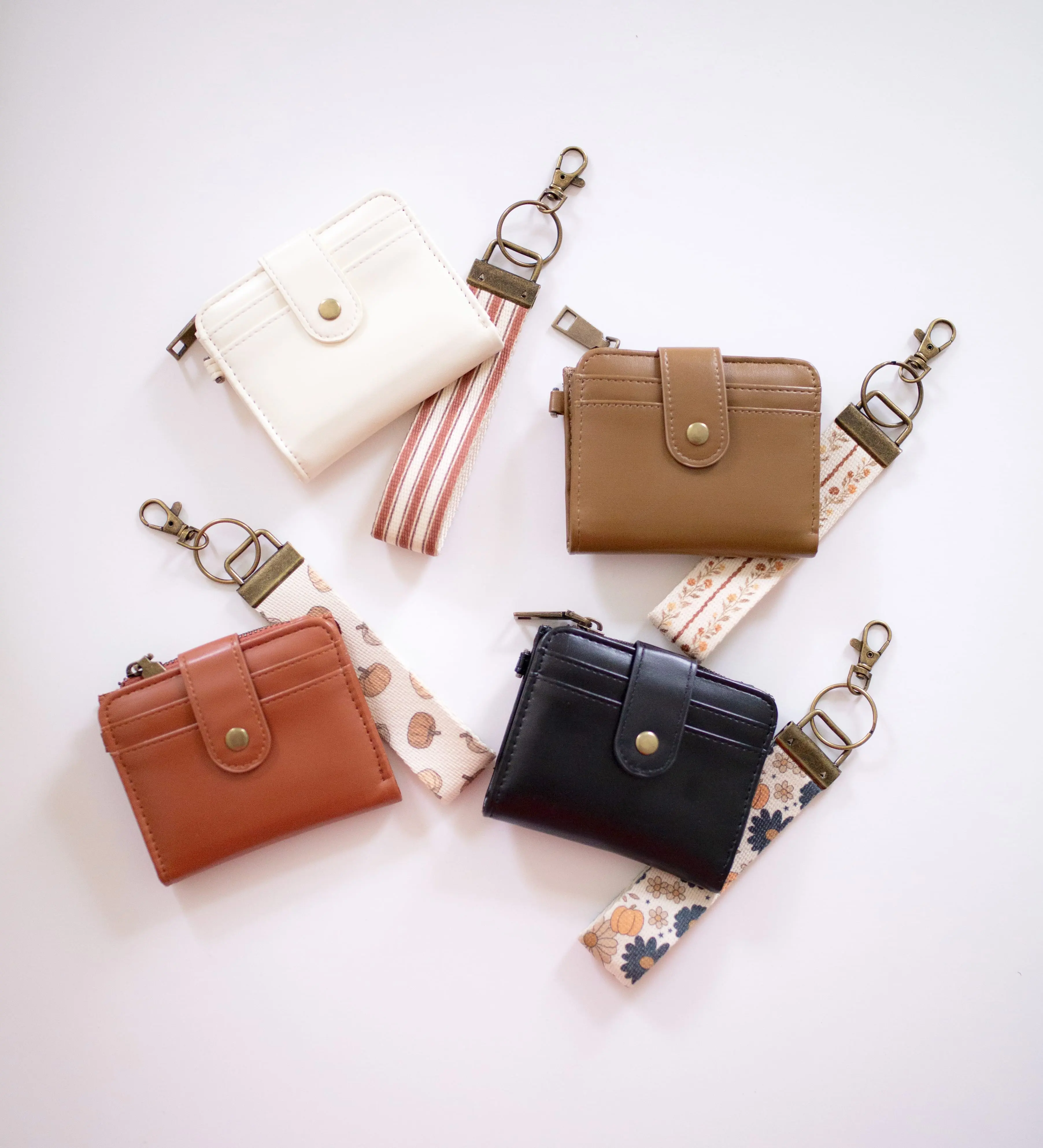 Fall Bifold Keychain Wallet with Wrist Lanyard, Faux Leather Compact Card Holder