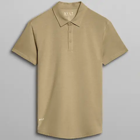 BYLT Basics Men's Drop-Cut LUX Polo Top - 4-Way Stretch Button-Up, Smooth Fabric, Golf-Ready Preppy Business Casual Top with Tailored Hem