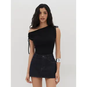 Cider Asymmetrical Neck Drawstring Ruched Bodysuit