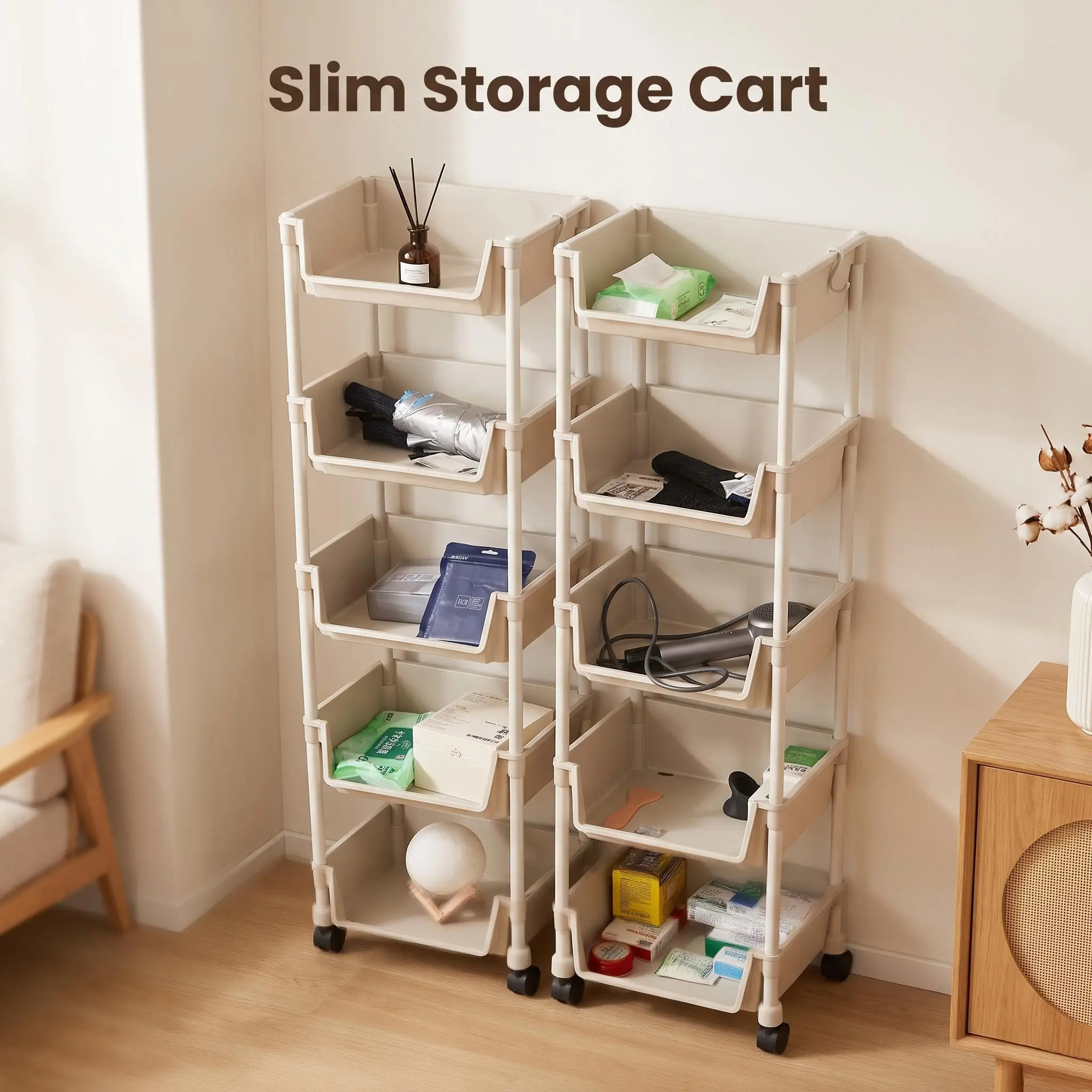 5-Layer White Mobile Storage Cart with Wheels - Heavy-Duty Metal Open Basket Organizer, Rolling Shelf with 4 Extra Hanging Hooks, Easy Installation Racks for Multi-Room Storage Organization (Kitchen, Bedroom)