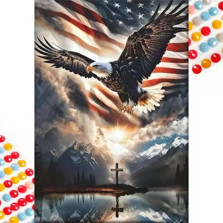 5D DIY Full Drill Round Diamond Painting - Diamond Art Kit, Eagle, Flag, Cross Mosaic, Canvas - DIY Decor Painting, Home Wall Decoration, Suitable for Halloween, Christmas, Birthday, and Anniversary Gifts.