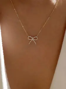 Elegant Bow Pendant Necklace for Women, Simple Fashion Alloy Chain Jewelry, Sparkling Rhinestone Sweater Chain Accessory