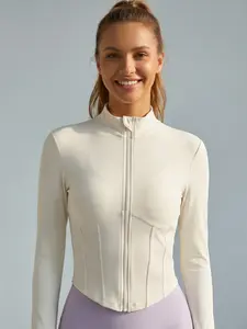 xelle Women's Full Zip Slim Fit Running Jacket - Stand Collar Workout Crop Top with Thumbholes and Contoured Ribbed Detail for Yoga & Gym