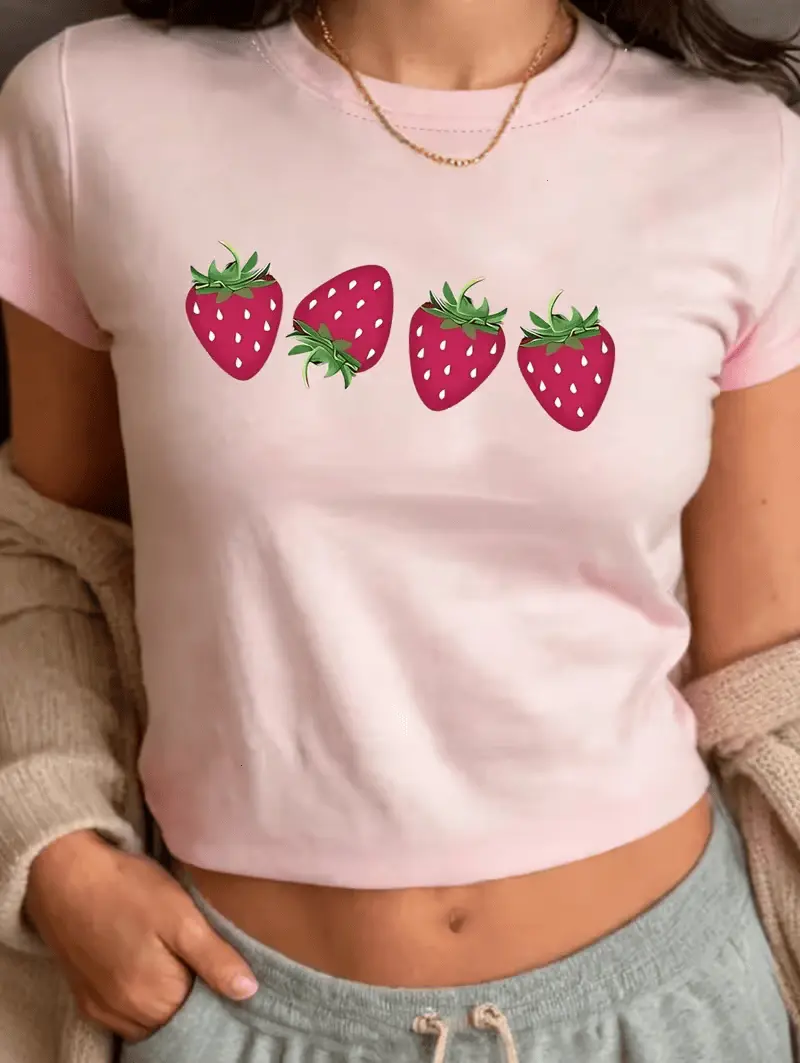 Strawberries Baby Tee, Short Sleeve Crew Neck Casual Top For Summer & Spring, Women's Clothing