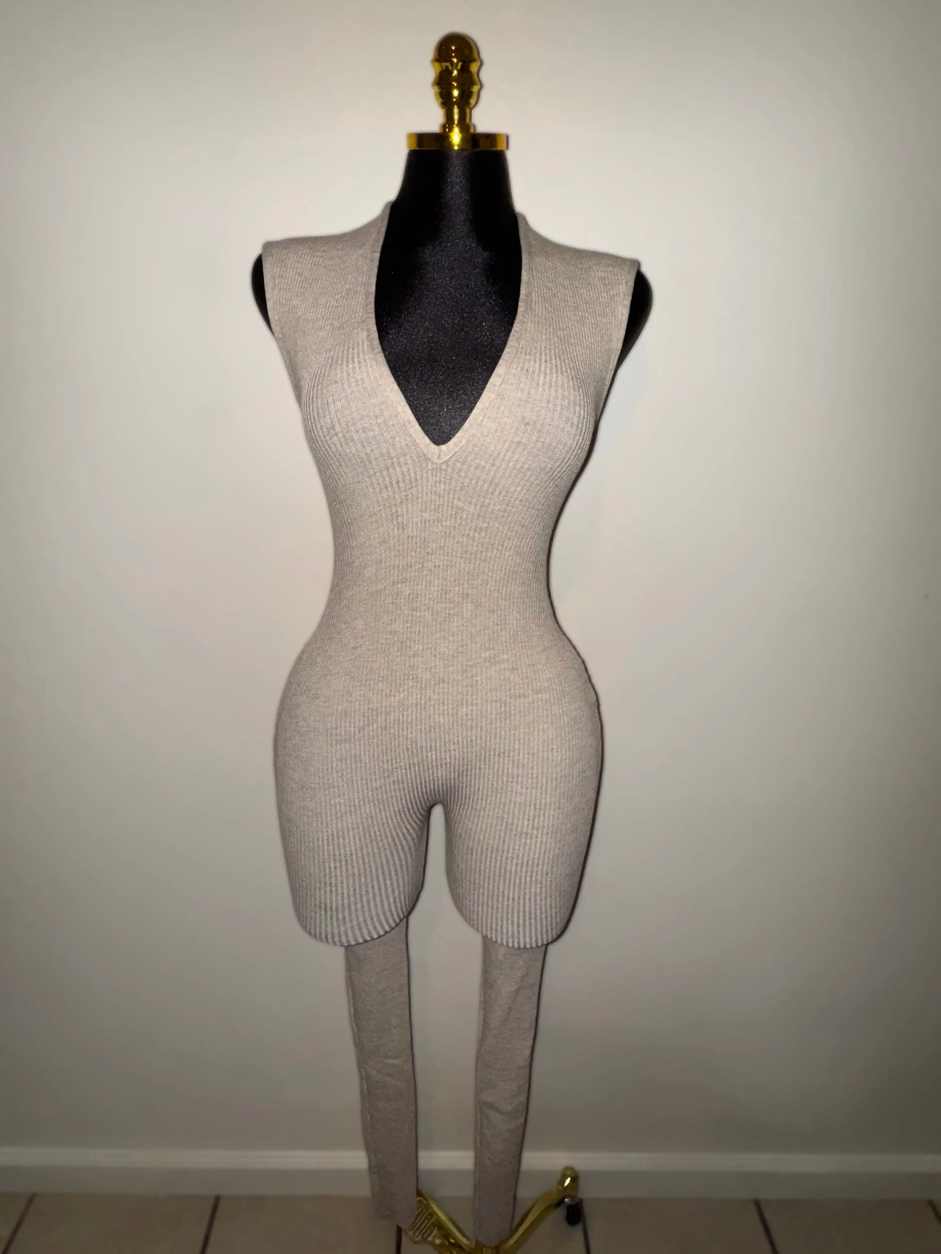 Tan V Neck Jumpsuit