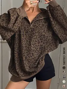 Women Casual Zip Up Front Long Sleeve Leopard Print Sweatshirt,Fall Clothes