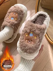 2025 New Winter Warm Fuzzy Slippers Cute Cartoon Couples Style Non-Slip Height Increasing Outdoor Closed Toe Plush House Shoes