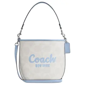 COACH Classic Monogram Logo Coated Canvas Bucket Bag for Women, Small Size, Glacier White and Blue