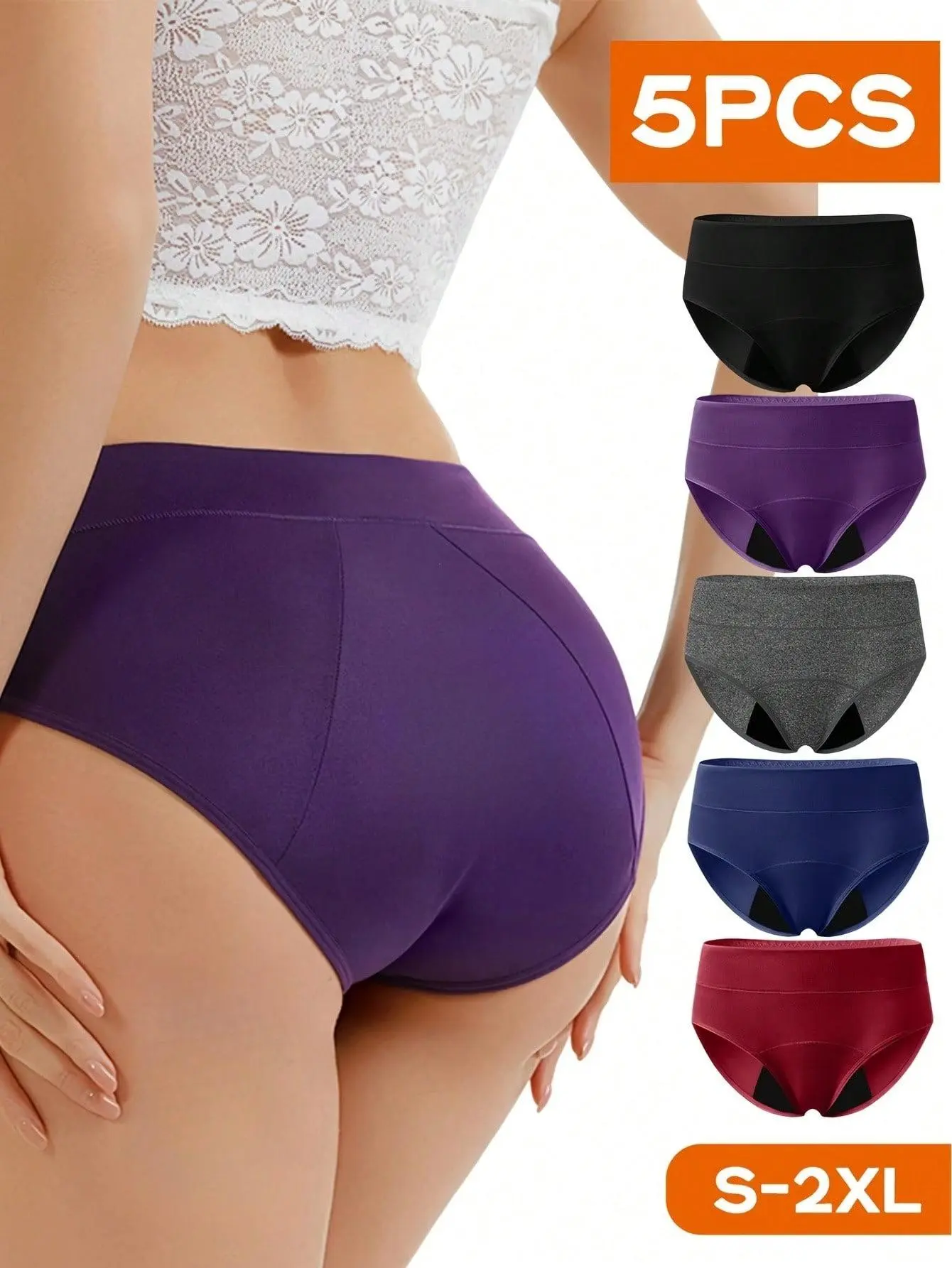 5 Pack Women High Waist Cotton Period Panties, Random 5 Colors Reusable Leakproof Underwear, Breathable Soft Comfortable Menstrual Briefs