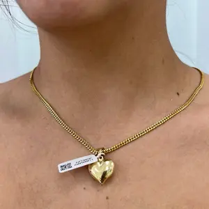 Cuban Link Solid Necklace with Heart Pendant Gold Tone Fashion Jewelry for Women