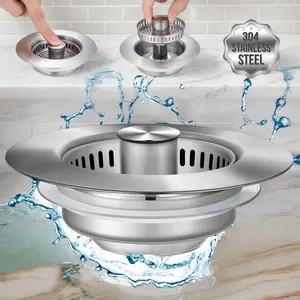 3 in 1 Kitchen Sink Drain Strainer, 1 Box Stainless Steel Sink Stopper, Anti-clogging Drainage Food Debris Odor Control Odor Filter Sink Plug for US Standard 3 1/2 Inch Drain, Home Goods, Easy Installation, Efficient Drainage