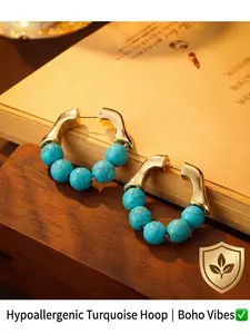 Women's Hypoallergenic Vintage Boho Turquoise Bead C-Shape Hoop Earrings, Gold Plated Irregular Geometric Western Style Hoop Earrings, Fashion Jewelry for Everyday Wear Vacation & Gift