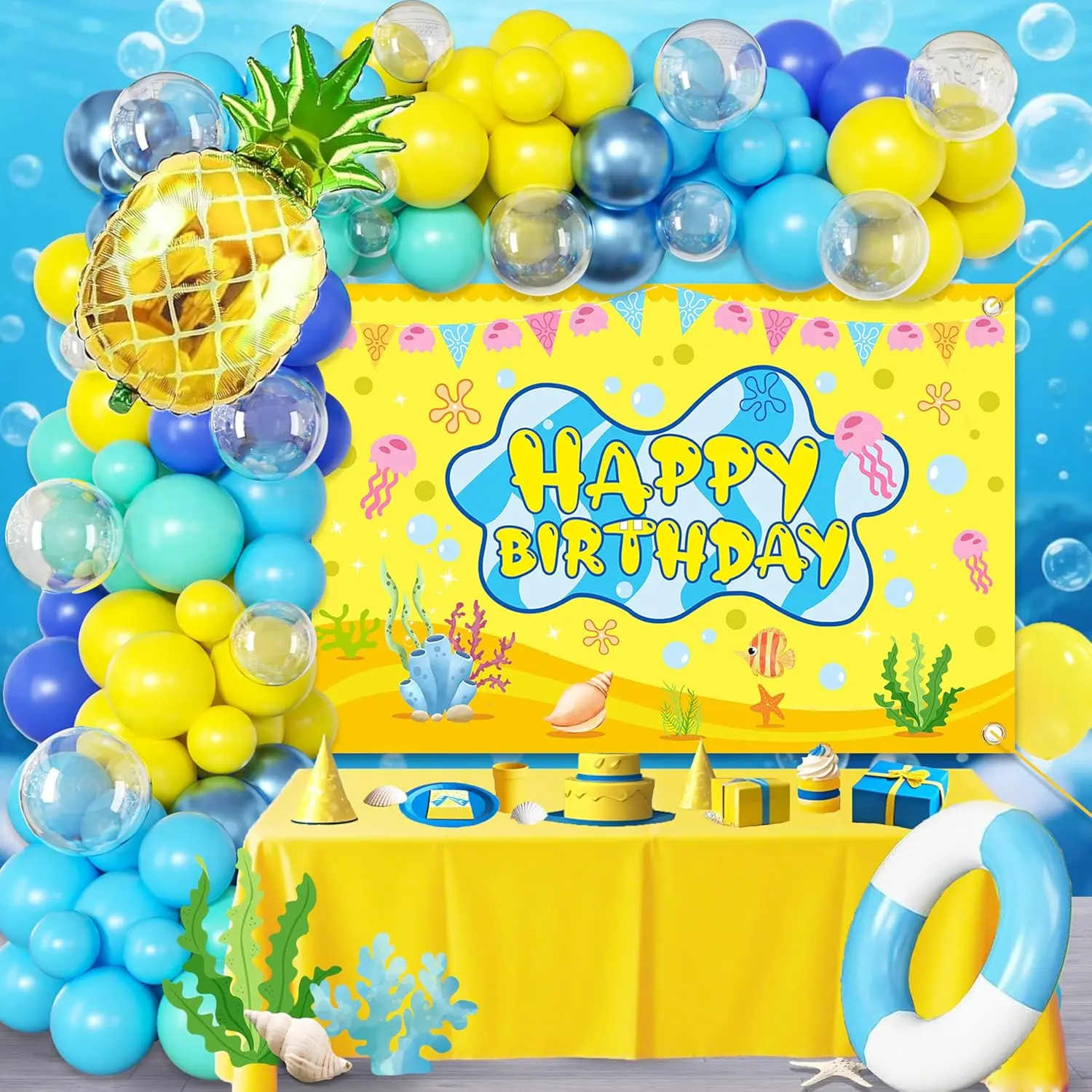 Cartoon Sponge Balloon Arch Kit Blue, Green, Yellow Balloons with Happy Birthday Backdrop