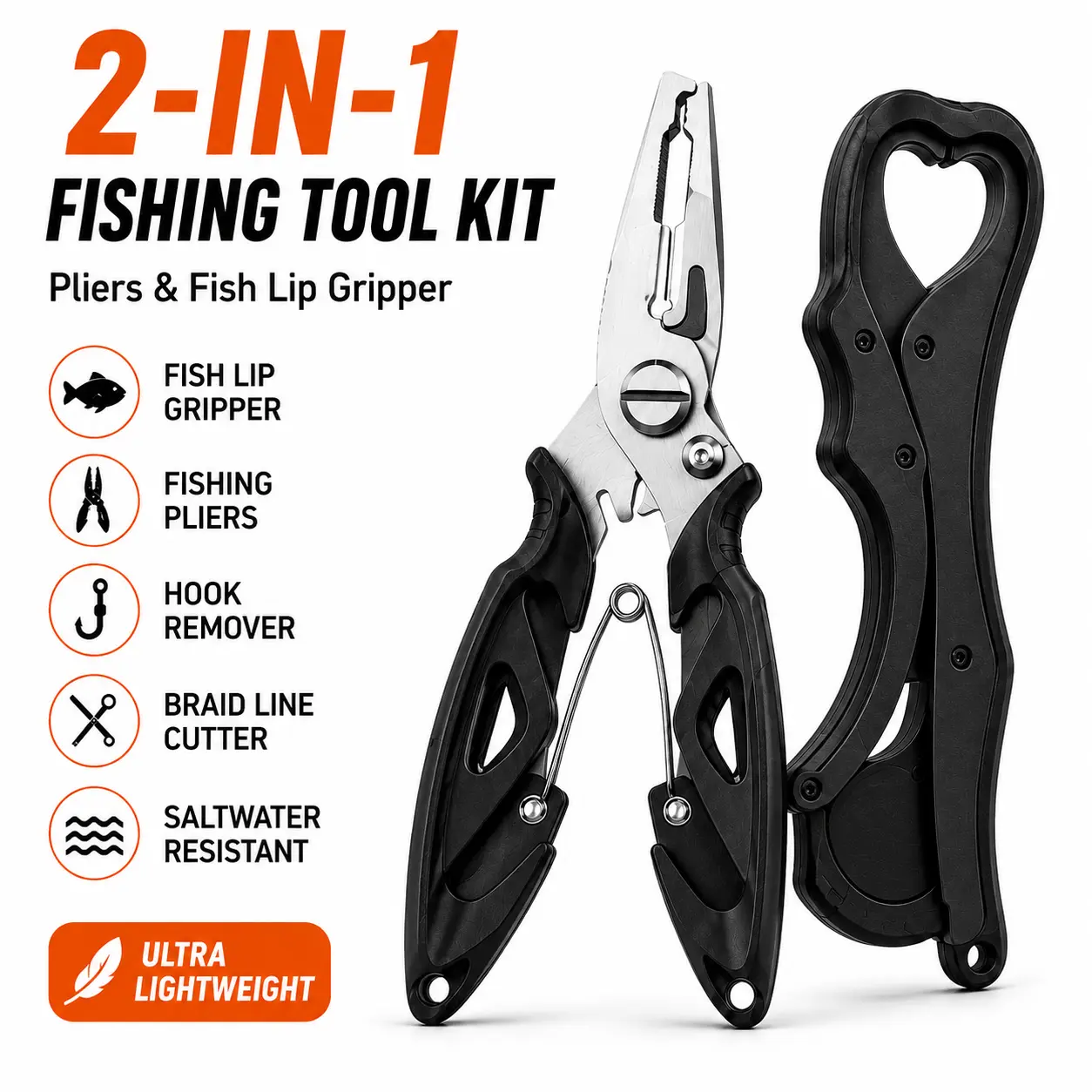 2-in-1 Fishing Pliers & Fish Lip Gripper Kit, Stainless Hook Remover, Braid Line Cutter, Portable Fishing Tool for Bass, Trout & Saltwater Fishing