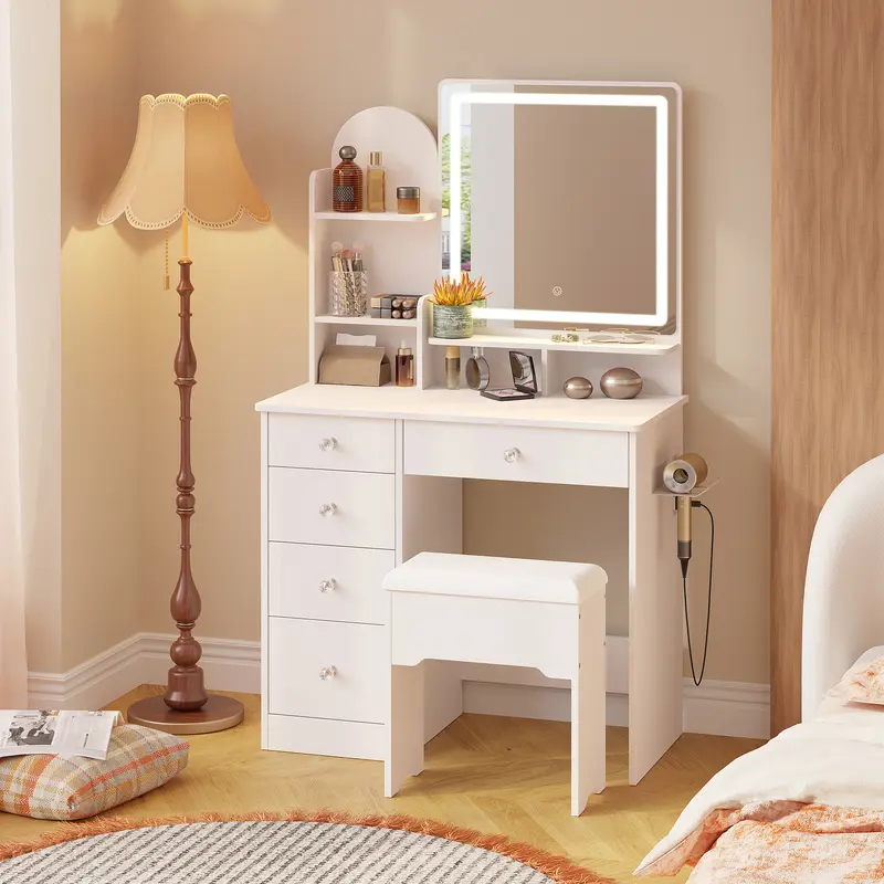 LIKIMIO White Makeup Vanity Desk with Mirror and Lights - Beauty Organization, Stable Sturdy, 3-Color LED, Power Outlet/USB Ports, 5 Drawers, Open Storage, Drop-Leaf Surface, Stool for Small Spaces Bedroom