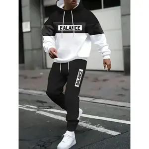 Men's Fall Winter Streetwear Hoodie Set, Colorblock Design, Sporty Style, Long Sleeve, Fitted Fit, Outdoor Activities, Streetwear Tracksuit Set