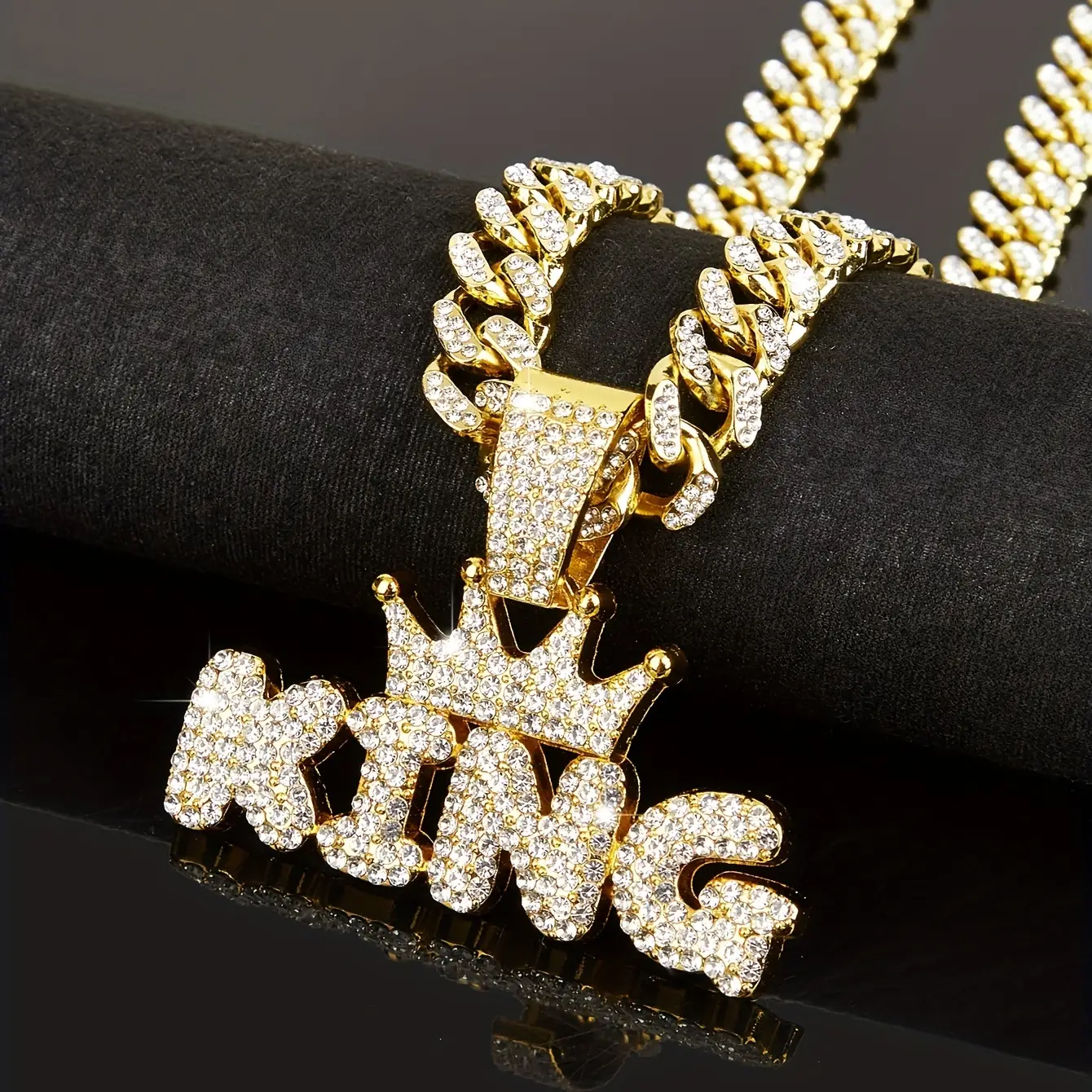 Men's Hip Hop Punk Crown KING Pendant 60CM Cuban Necklace with Rhinestones,Fashion Jewelry for Adults