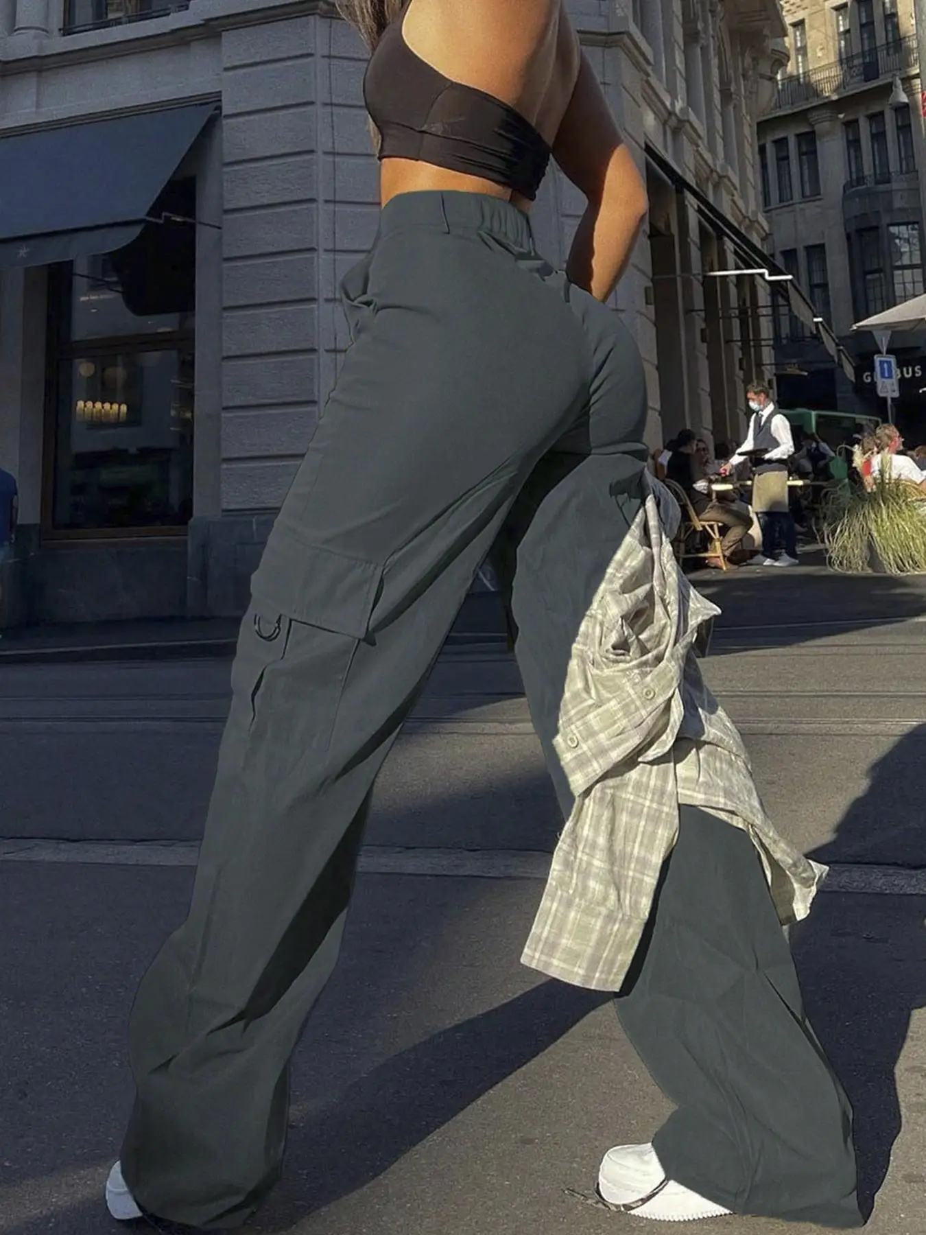 Women's Minimalist Basic Plain Button Front Pocket Cargo Pants, Simple Casual Street High Waist Wide Leg Trousers For Spring & Fall, Ladies' Bottoms F