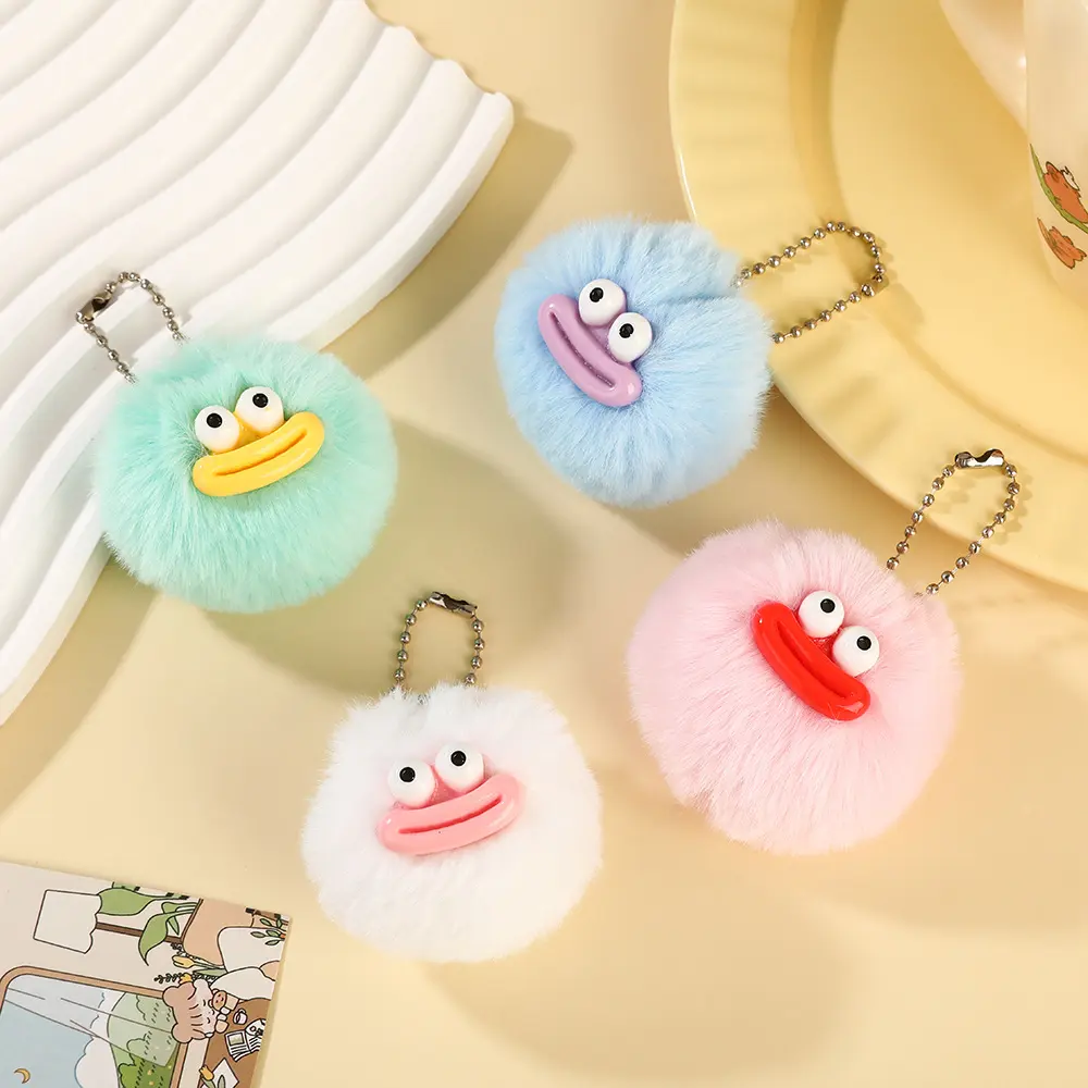 Ugly Cute White Faux Fur Pom Pom Keychain Funny Pink Big Mouth Little Monster Plush Pendant Soft Fluffy Ball Bag Charm Key Holder Fashion Backpack Car Key Ornament Birthday Gift For Her