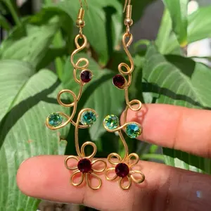 Elegant Gold Wire Earrings with Multicolor Gems and Floral Design for Women's Fashion Accessories