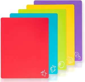 5 Pack Flexible Plastic Cutting Board Mats with Food Icons – BPA-Free Non-Slip Cutting Boards for Kitchen, Meat, Vegetables, and Fruit (Red, Bright Yellow, Light Green, Purple, Lake Blue)