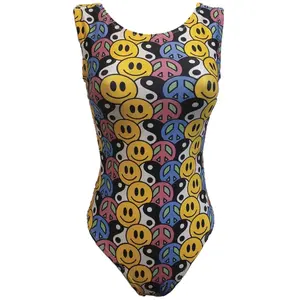 Happy Harmony Gymnastics Leotard- Retro Smiley Face & Peace Sign Print for Girls