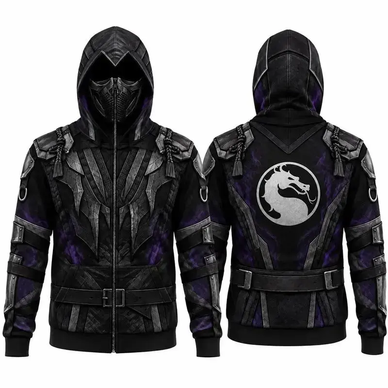 M0rtal K0mbat Sub-Zero Mens Zip-Up Hoodie, Lin Kuei Guild Built-In Face Mask Jacket, Blue Black Ninja Armor All-Over Print Hooded Sweatshirt, Cosplay Gamer Gift