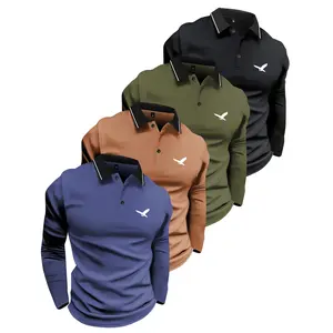 4-Pack set men's spring and autumn lightweight bird logo print long sleeve buttoned polo shirt fashionable casual sports travel business lightweight work golf fishing camping gift for boyfriend or husband holiday men's clothing set