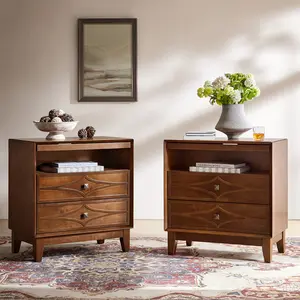 Hulala Josefa 3-Drawer End Table with Type-C and USB Ports, Pull-Out Tray, Diamond-Patterned Surface, Vintage Antique Bronze Handles, Solid Wood Legs, Mid-Century Design