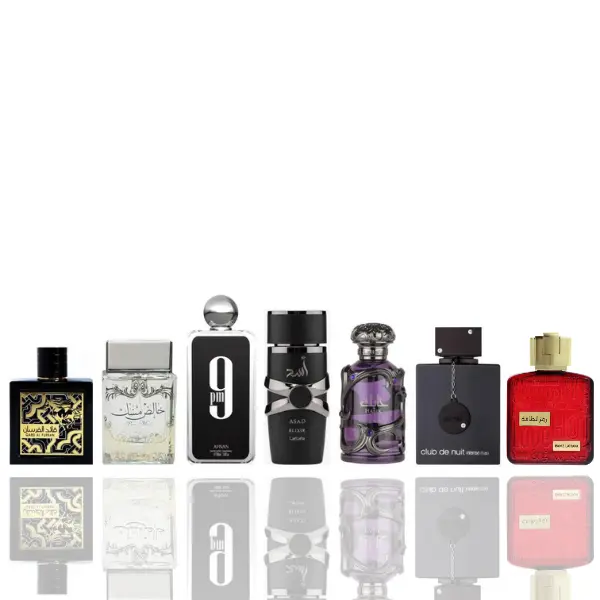 Lattafa Men's Cologne 7-Piece Bundle Set - Luxurious, Boxed, Bottle-Shaped Saffron Fragrances: QAED AL FURSAN, Pure Musk, 9pm, Asad Elixir, Habik Men, CLUB DE NUIT INTENSE, RAMZ LATTAFA GOLD with Amber Musk, Bottle-Shaped Men's Fragrance