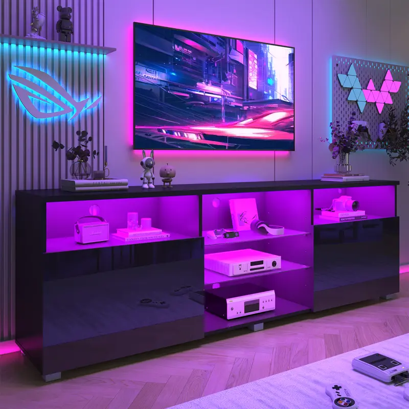 Modern LED 71/80.7/86.6in TV Stand for 70/75/80/85/90/95 inch TV,High Glossy TV Entertainment Center with Storage Drawer,TV Stands for Living Room,APP RGB Light,Smart Modern TV Cabinet (Black/White Marble/Black Marble)