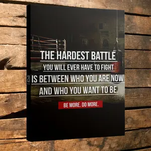 1 Framed Canvas Poster Print - "The toughest battle you'll face is between your present and future self" - Inspirational Boxing Gym Quote - Black, White, Red Accent Wall Decoration for Home Gyms, Offices - Easy to Hang