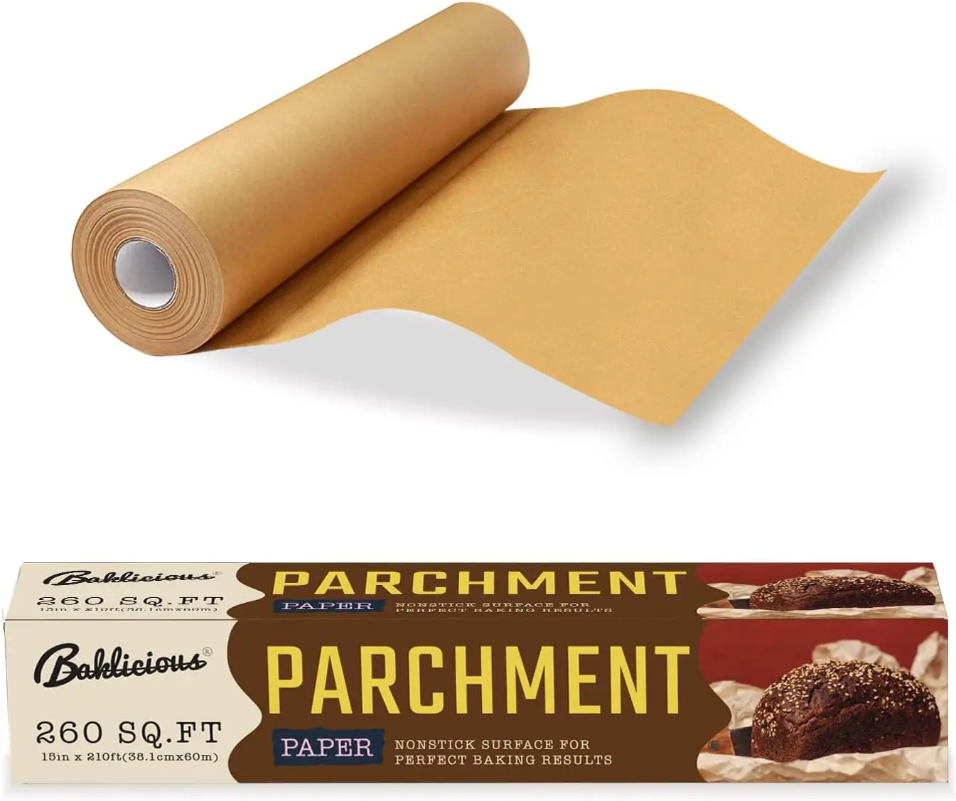 Unbleached Parchment Paper Roll for Baking, 15 in x 210 Ft, 260 Sq.Ft, Non-stick Baking Paper, Food Grade Cooking Paper for Bread, Cookies, Heat Press, Oven...
