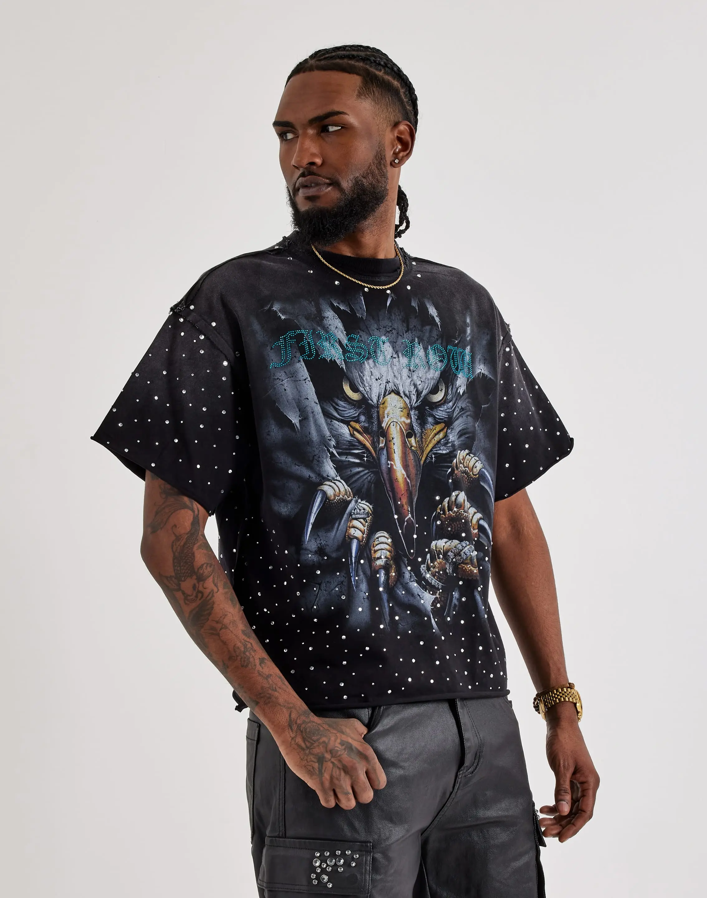 Mens First Row Cropped Eagle Rhinestone Tee