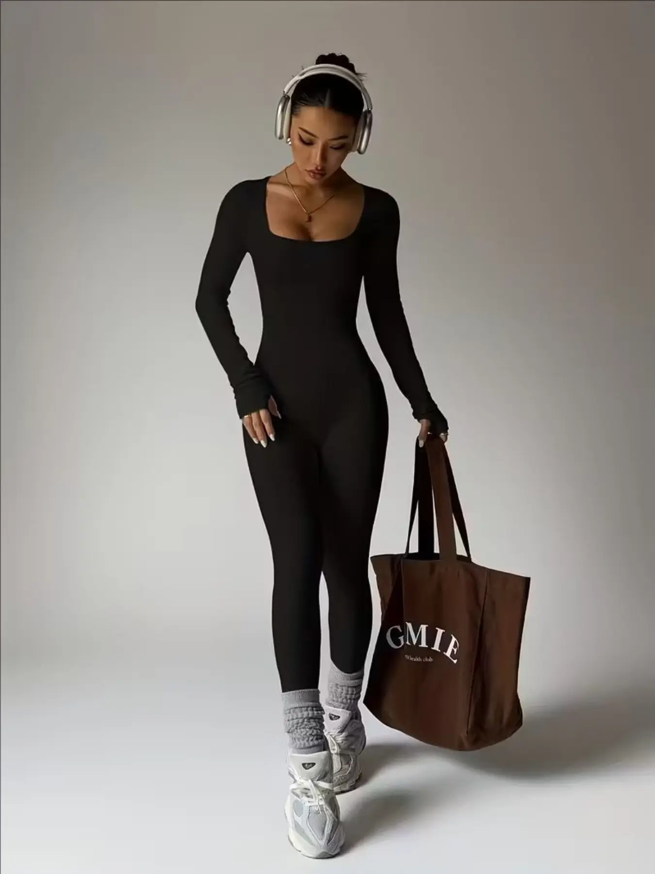Women's Fall Solid Color Sportswear Jumpsuit, Workout Jumpsuit, Yoga Jumpsuits, Long Sleeve Seamless Yoga Ribbed Onesie, Slim Fit Athletic for Ladies, Fitness Yoga Jumpsuit