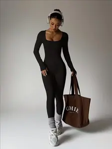 Women's Fall Solid Color Sportswear Jumpsuit, Workout Jumpsuit, Long Sleeve Seamless Yoga Ribbed Onesie, Slim Fit Athletic for Ladies