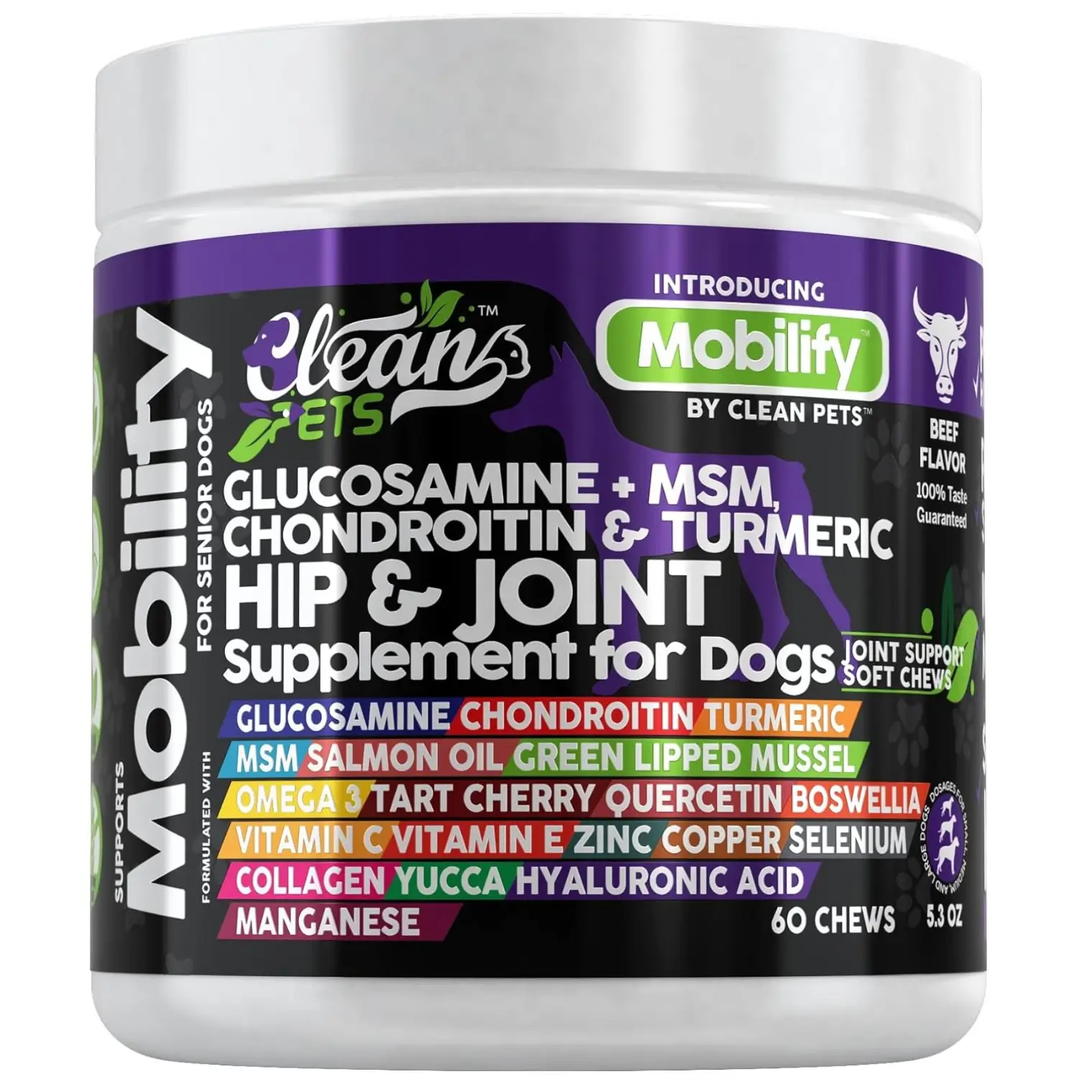 Hip and Joint Supplement Dogs with Glucosamine for Dogs + Chondroitin, Turmeric, Hyaluronic Acid, MSM, Salmon Oil, Collagen, Vitamin C, Omega 3