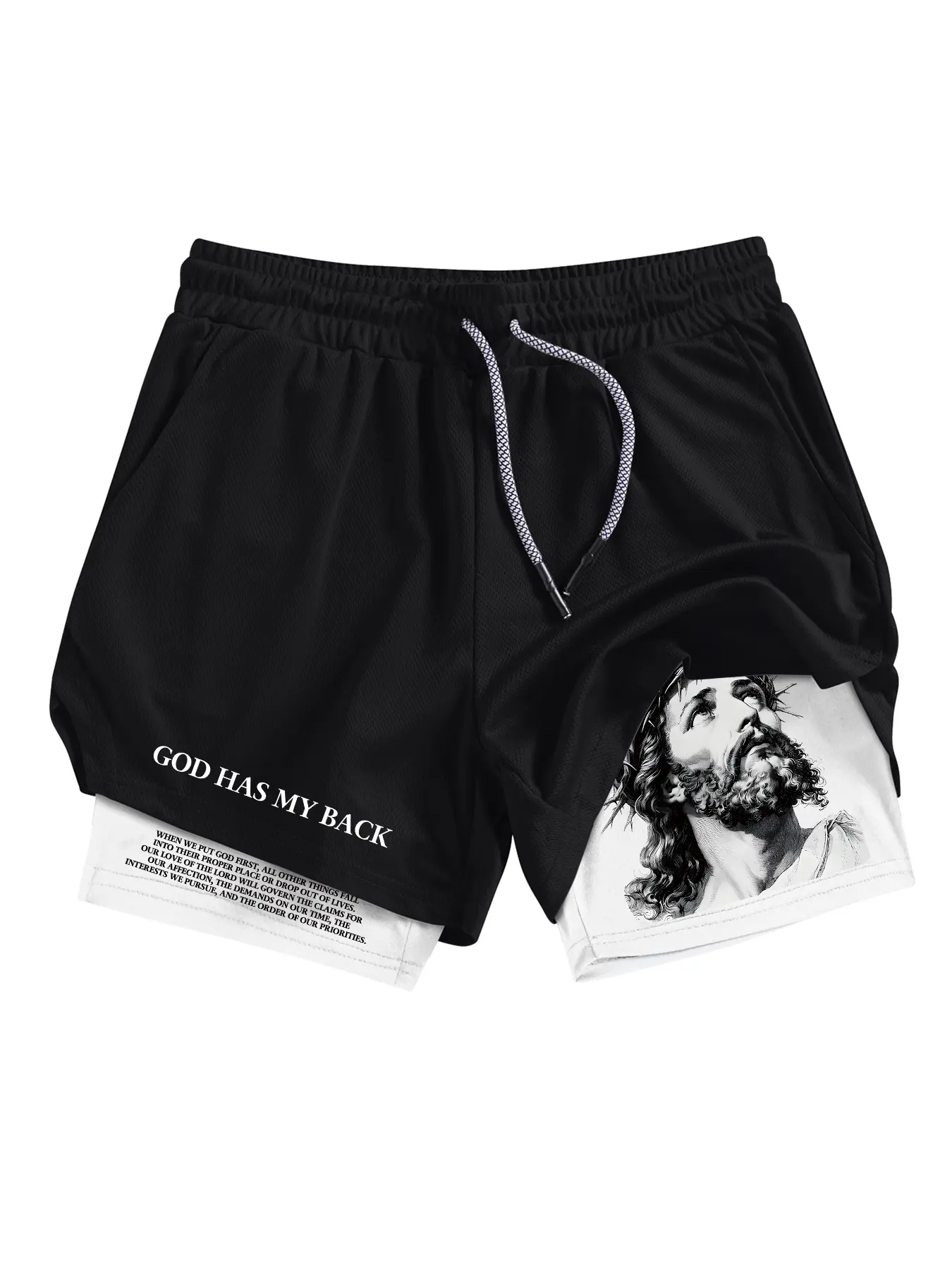 Jesus Graphic Print 2-in-1 Workout Running Shorts for Men, Streetwear Sports Shorts, Athletic Shorts, Summer Quick-Dry Breathable Gym Performance Shorts with Phone Pocket Towel Loop, Active Wear