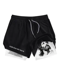 Jesus Graphic Print 2-in-1 Workout Running Shorts for Men, Streetwear Sports Shorts, Summer Quick-Dry Breathable Gym Performance Shorts with Phone Pocket Towel Loop, Active Wear