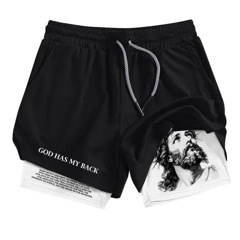 Jesus Graphic Print 2-in-1 Workout Running Shorts for Men, Streetwear Sports Shorts, Athletic Shorts, Summer Quick-Dry Breathable Gym Performance Shorts with Phone Pocket Towel Loop, Active Wear