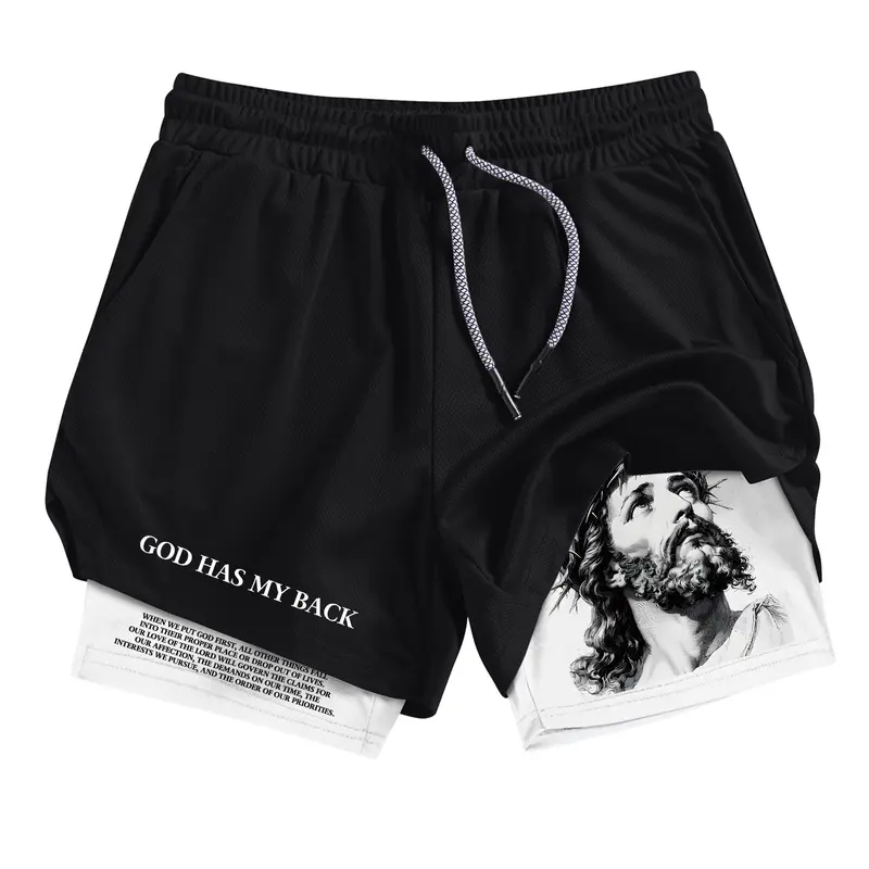 Jesus Graphic Print 2-in-1 Workout Running Shorts for Men, Streetwear Sports Shorts, Athletic Shorts, Summer Quick-Dry Breathable Gym Performance Shorts with Phone Pocket Towel Loop, Active Wear