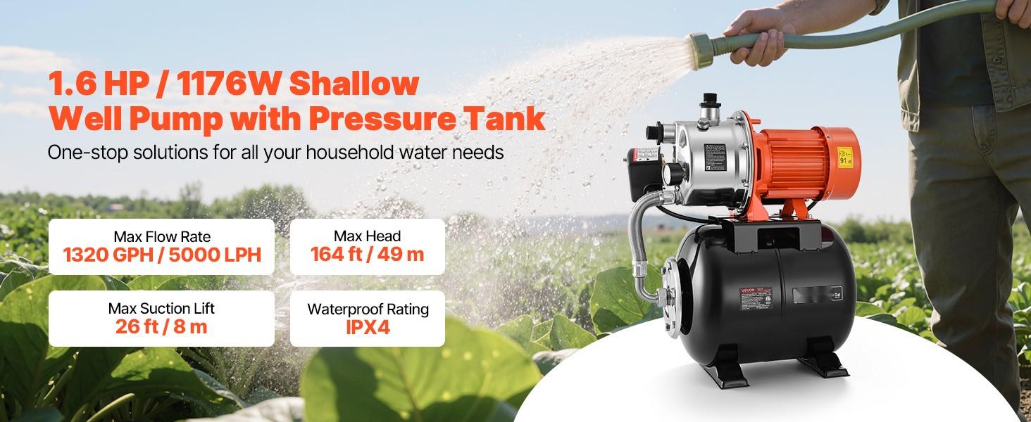 1.6 HP Shallow Well Pump With Pressure Tank, 120V 1320 GPH, Stainless Steel Irrigation Jet Pump With 5-Gal Pressure Tank, Automatic Water Booster System, For Home Garden Lawn, Potable Water