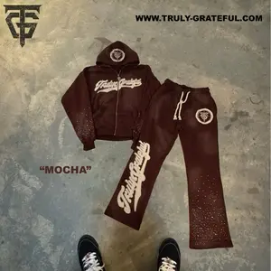 Truly Grateful Mocha Jogging Suit - 100% Cotton Terry Fleece Custom Zipper Rhinestones Oversized Fit Tracksuit
