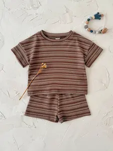 Baby Sportswear Set Striped Design Deep Round Neck Short Sleeve + Loose Shorts Infant Summer Clothing Newborn Gift Set