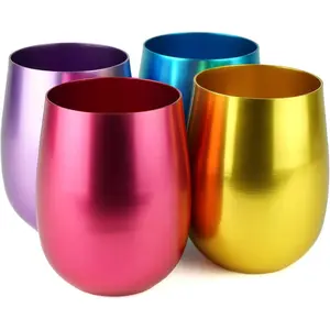 CLW Aluminum Stemless Wine/Old Fashion Glass, Set of 4, 4-Color in a Set (Purple/Blue/Pink/Gold), 12oz (Small)