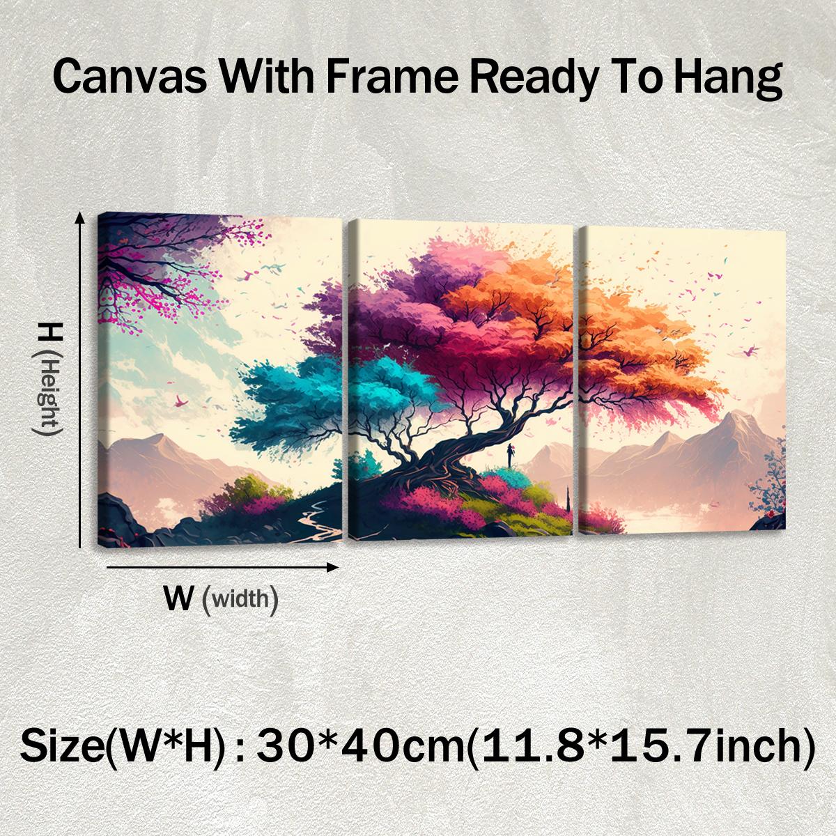 3Pcs Wooden Framed Canvas Painting, Colorful Fantasy Tree And Mountain Landscape, Exquisite Poster, Home Decoration, Pattern Wall Art Decor, For Living Room, Bedroom, Office, Restaurant, Bar Wall Decor, Odorless, Painting, Print Artwork.