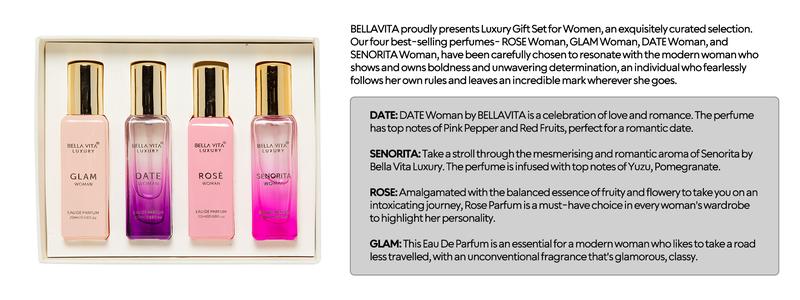 BellaVita Luxury's Perfume Gift Set For Women | 4 Luxury Minis | Long Lasting | Senorita, Rose, Date, Glam | Eau De Parfum | Portable Perfume Kit BellaVita Luxury's Perfume Gift Set For Women | 4 Luxury Minis | Long Lasting | Senorita, Rose, Date, Glam | Eau De Parfum | Portable Perfume Kit